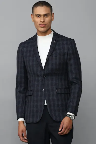 Men Navy Slim Fit Check Formal Blazer